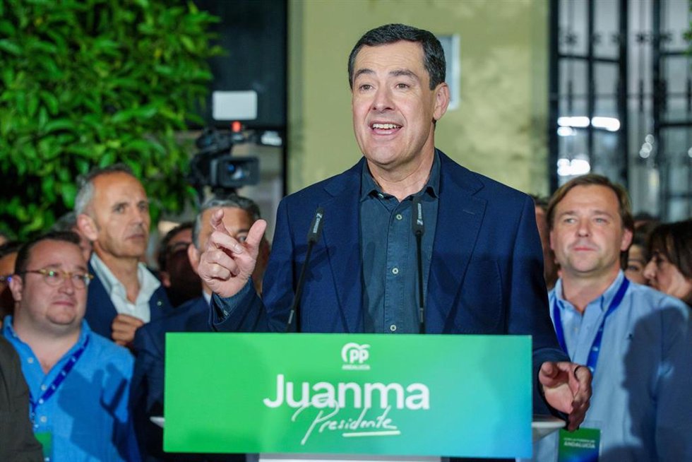 El candidato del PP andaluz a la reelección como presidente de la Junta, Juanma Moreno, el domingo 17 de mayo 