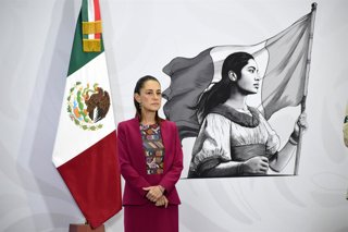 Mexican President Claudia Sheinbaum Pardo speaks during a press conference about the launch of the first Mexican electric car, â€Olinia', at the National Palace, on May 13, 2026 in Mexico City, Mexico.,Image: 1098662119, License: Rights-managed, Restrict