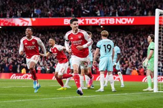 18 May 2026, United Kingdom, London: Arsenal's Kai Havertz celebrates scoring his side's first goal during the English Premier League soccr match between Arsenal and Burnley at the Emirates Stadium. Photo: John Walton/PA Wire/dpa