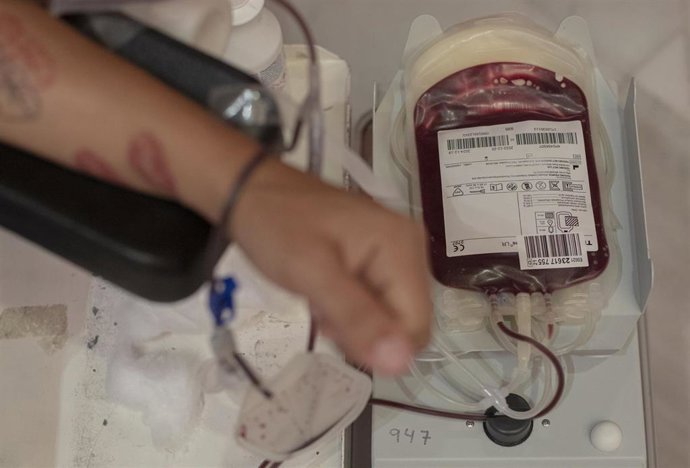 Archivo - Imagen de archivo. Una persona donando sangre. A 14 de junio de 2023, en Sevilla (Andalucía, España). 