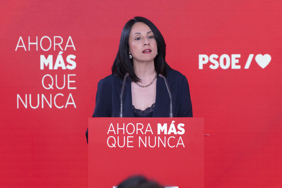 La secretaria de Organización del PSOE, Rebeca Torró, en una declaración desde Ferraz para valorar los resultados electorales en Andalucía el 17M.