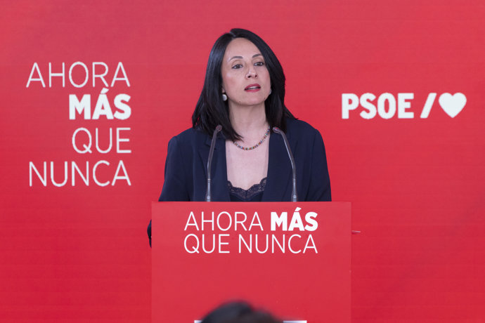 La secretaria de Organización del PSOE, Rebeca Torró, en una declaración desde Ferraz para valorar los resultados electorales en Andalucía el 17M.