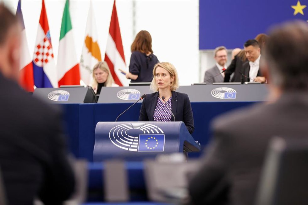 La Alta Representante de la Unión Europea para Política Exterior, Kaja Kallas, en el pleno del Parlamento Europeo en Estrasburgo (Francia)
