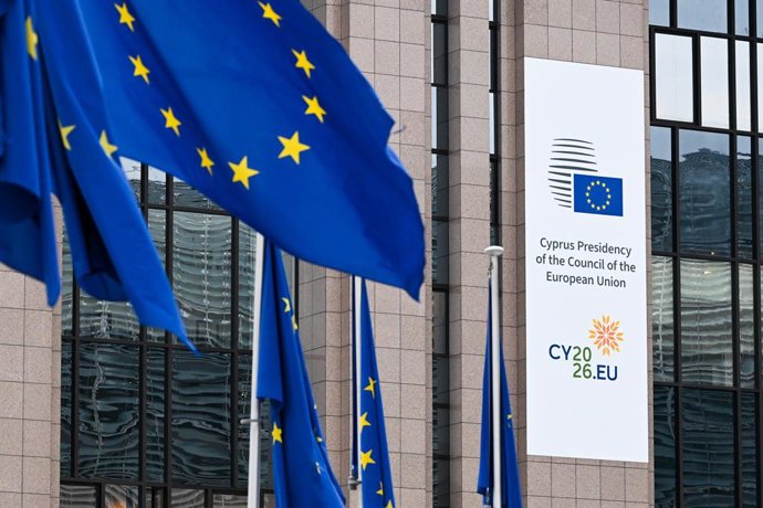 Archivo - HANDOUT - 05 January 2026, Belgium, Brussels: The Cypriot Presidency of the European Union sign is hanged at the premises of the EU Headquarters in Brussels.  Cyprus has just taken over the rotating EU presidency for the second time. Photo: Fred