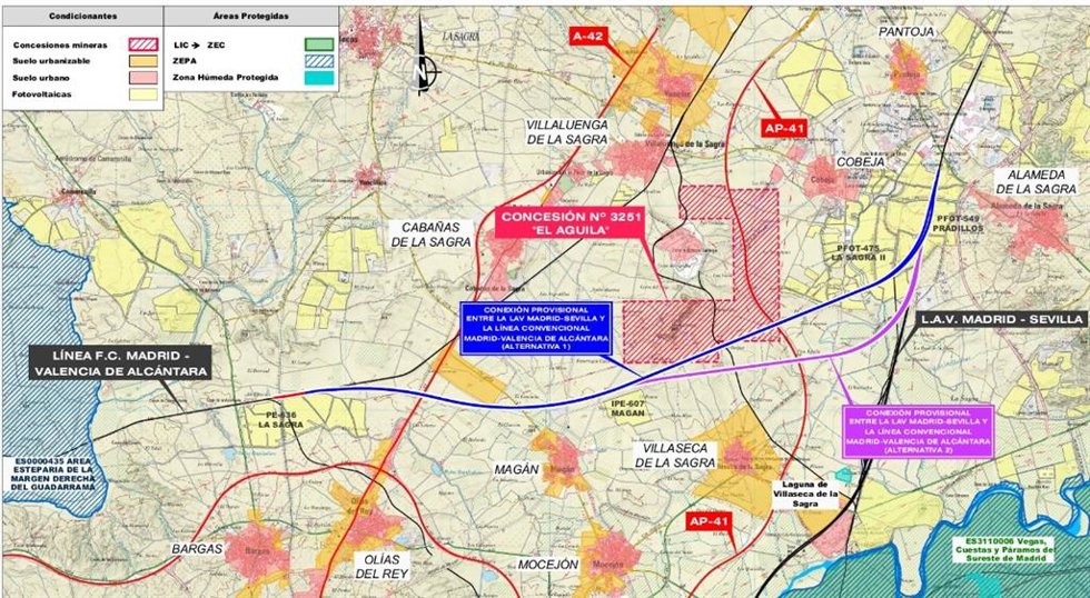 Planta general de las alternativas (alternativa 1 en azul más al norte, alternativa 2 en magenta, más al sur).