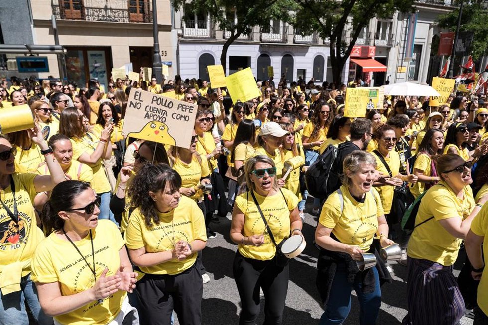 Decenas de personas durante una concentración de docentes de escuelas infantiles frente a la Consejería de Educación, Ciencia y Universidades, a 6 de mayo de 2026, en Madrid (España). La Plataforma Laboral de Escuelas Infantiles ha convocado una concentra