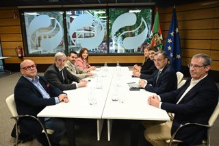 El presidente de Coalición Canaria, Fernando Clavijo (2i), y el portavoz del PNV en el Congreso, Aitor Esteban (2d), durante la reunión oficial entre ambas formaciones, en la sede de Sabin Etxea, a 20 de mayo de 2026, en Bilbao