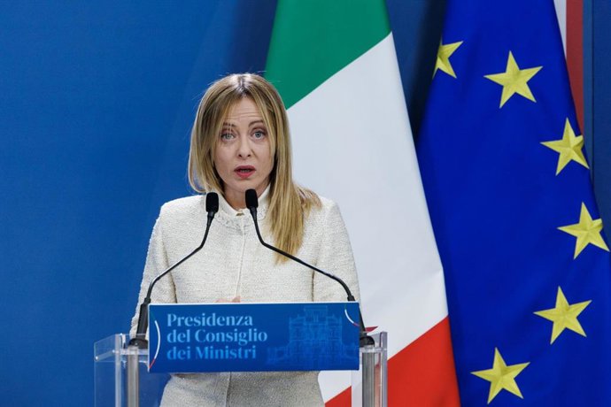 La primera ministra de Italia, Giorgia Meloni, en una rueda de prensa desde Roma.