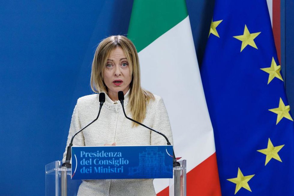La primera ministra de Italia, Giorgia Meloni, en una rueda de prensa desde Roma.
