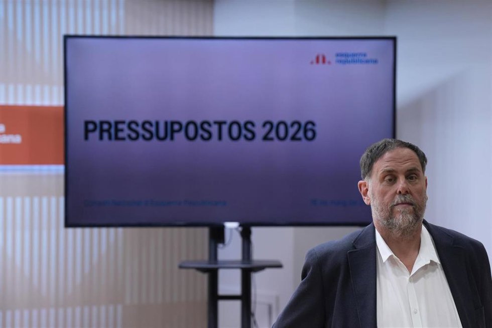 El líder de ERC, Oriol Junqueras, durante una rueda de prensa, en la sede de ERC, a 19 de mayo de 2026, en Barcelona, Catalunya (España)