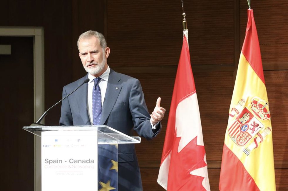 El Rey Felipe VI durante su intervención en el encuentro empresarial España-Canadá, en MaRS Centre, a 20 de mayo de 2026, en Toronto (Canadá).