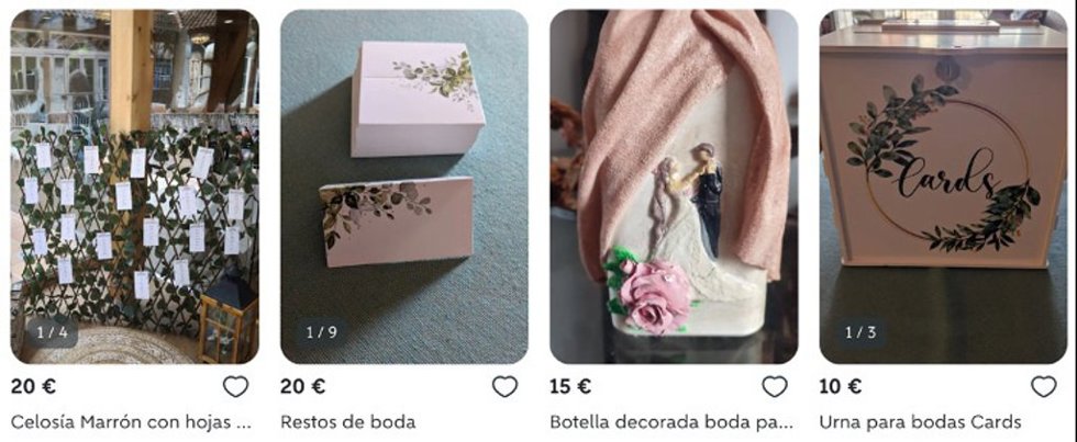 Decoraciones para boda que se venden en la plataforma Wallapop.