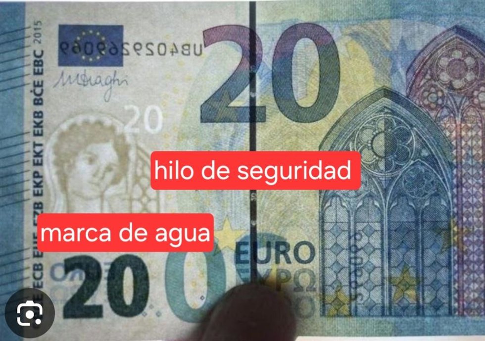 Imagen de un billete de 20 euros con hilo de seguridad y marca de agua, dos de los distintivos que certifican su autenticidad