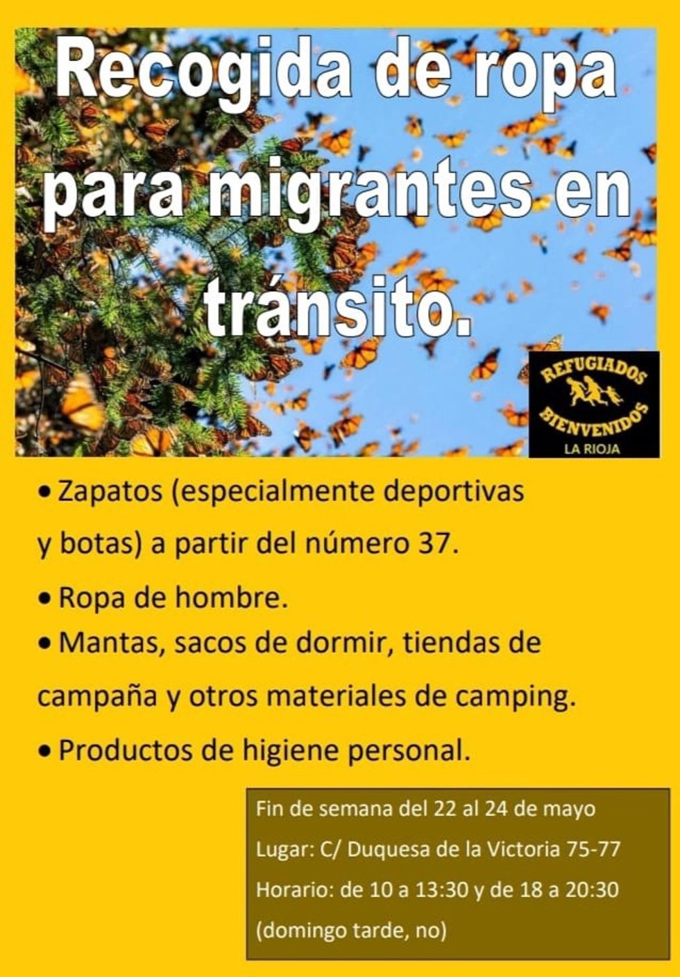 La Plataforma Bienvenidos refugiados de La Rioja realiza una recogida de ropa y enseres para migrantes en tránsito