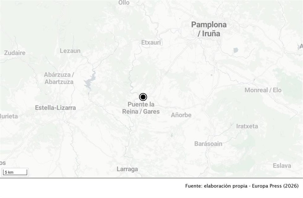 Mapa con la localización de Puente la Reina, donde ha fallecido un peregrino tras caer al río.