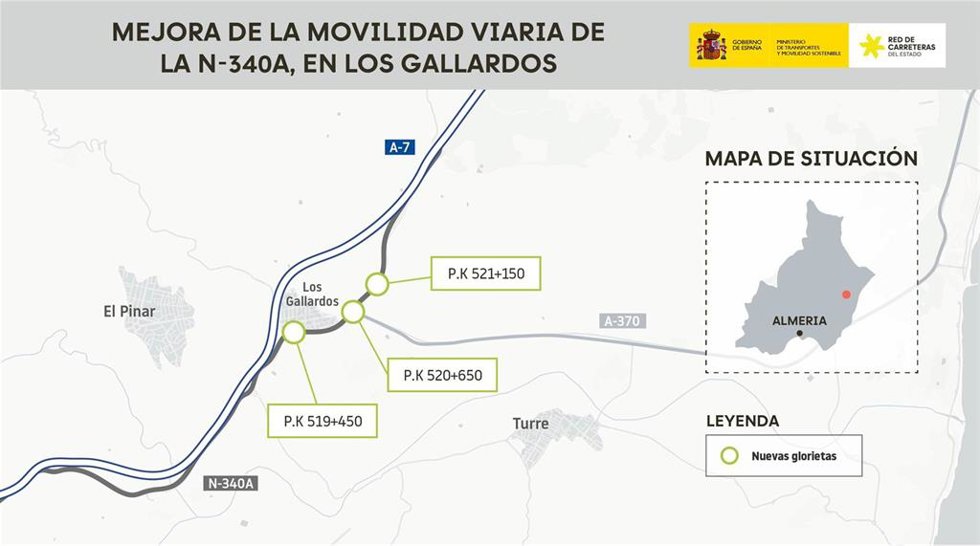 Mapa de las tres glorietas previstas en la N-340A a su paso por Los Gallardos (Almería).