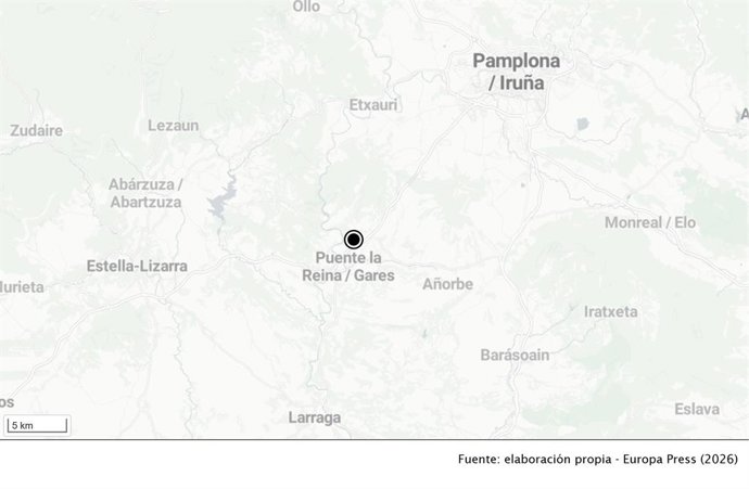 Mapa con la localización de Puente la Reina, donde ha fallecido un peregrino tras caer al río.