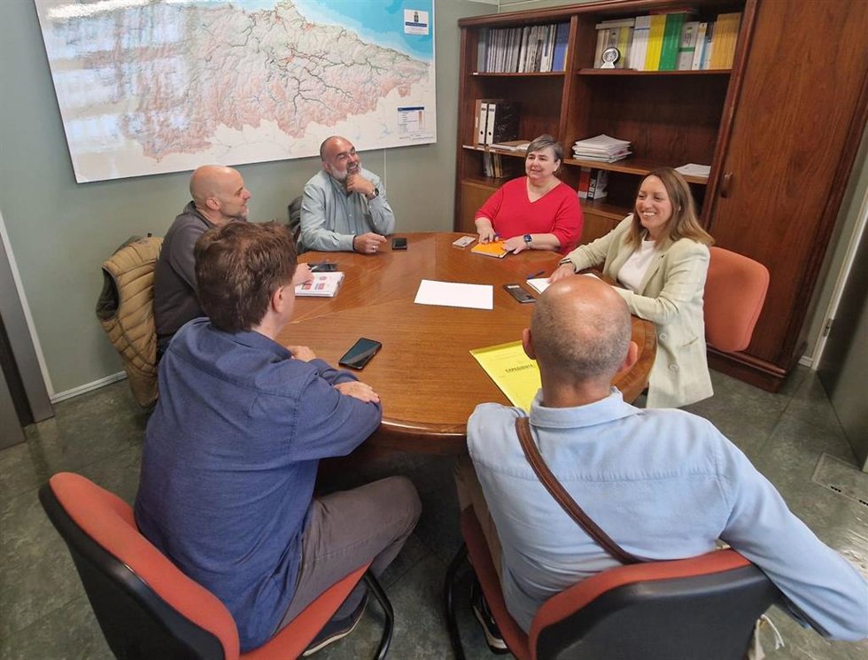 La directora general de Transporte, Arantza Fernández Páramo, en primer término en la imagen,  durante la reunión que ha mantenido esta mañana con representantes de Asotaxi y la Federación Asturiana Sindical del Taxi.