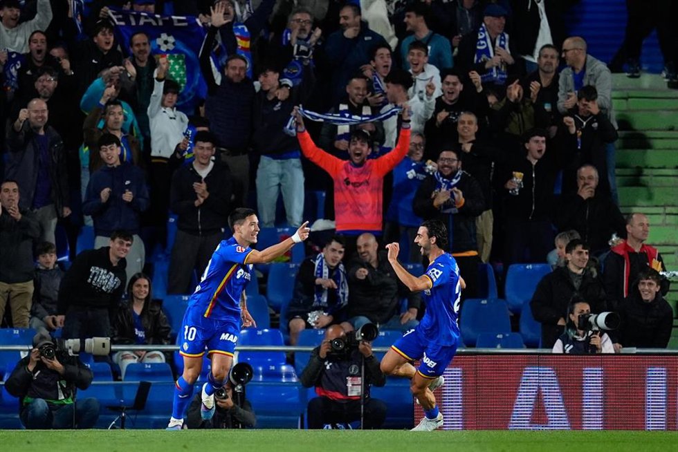 Martin Satriano of Getafe CF celebrates a goal during the Spanish League, LaLiga EA Sports, football match played between Getafe CF and RCD Mallorca at Coliseum de Getafe stadium on May 13, 2026, in Getafe, Spain.