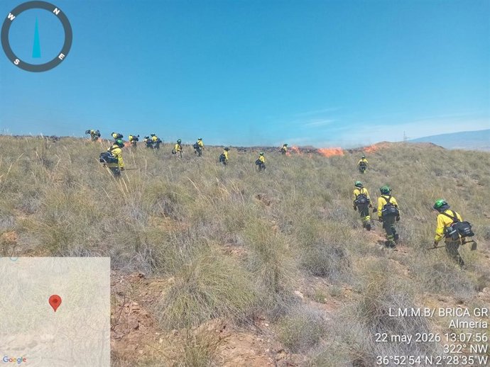 Bomberos forestales trabajan para sofocar el incendio de Almería.