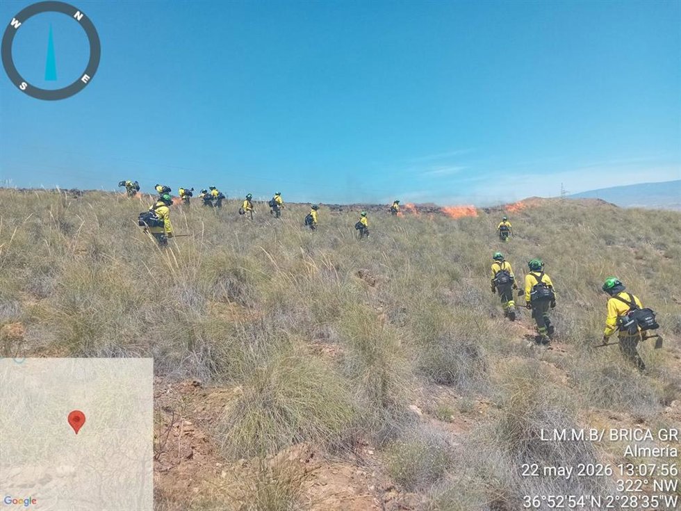 Bomberos forestales trabajan para sofocar el incendio de Almería.
