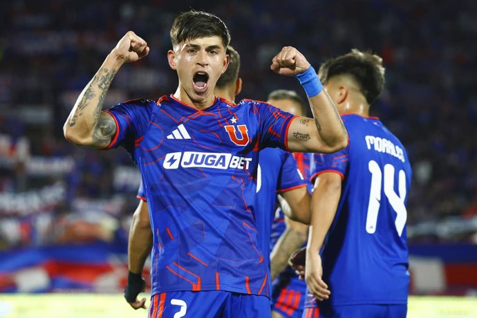 Futbol, Universidad de Chile vs Deportes La Serena Fecha 8, Liga de Primera 2026. El jugador de Universidad de Chile Maximiliano Guerrero, celebra tras marcar un gol contra Deportes La Serena durante un partido de la Liga de primera realizado en el