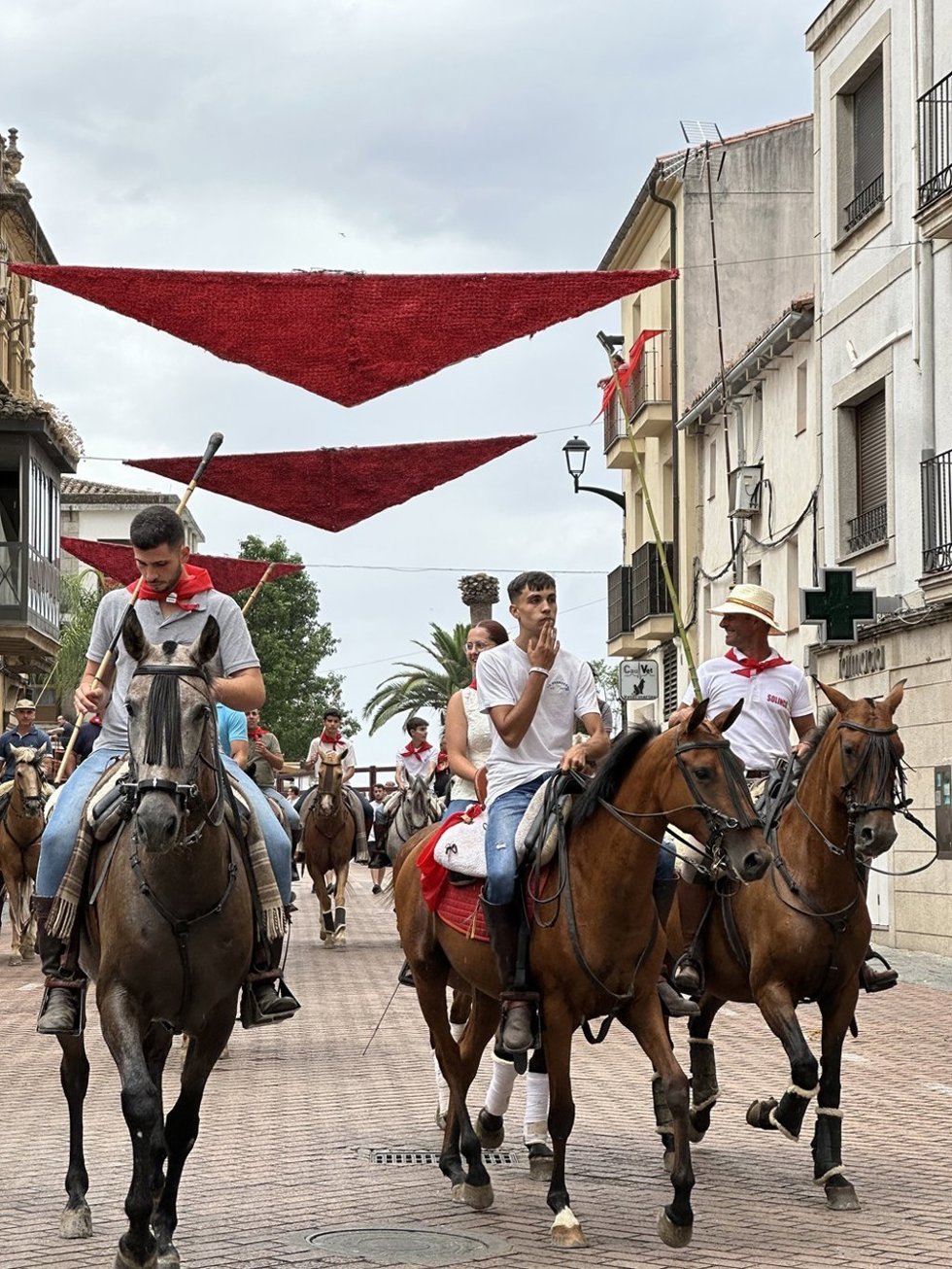Participantes en el tradicional traslado de bueyes a caballo de San Juan que se celebra en Coria.