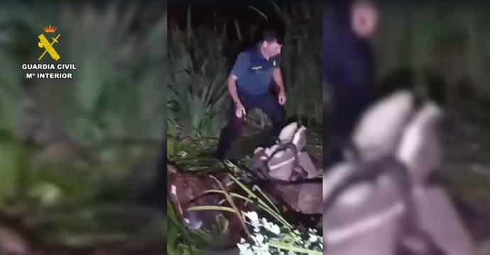 Un agente de la Guardia Civil rescatan a un jinete y a su caballo atrapados.