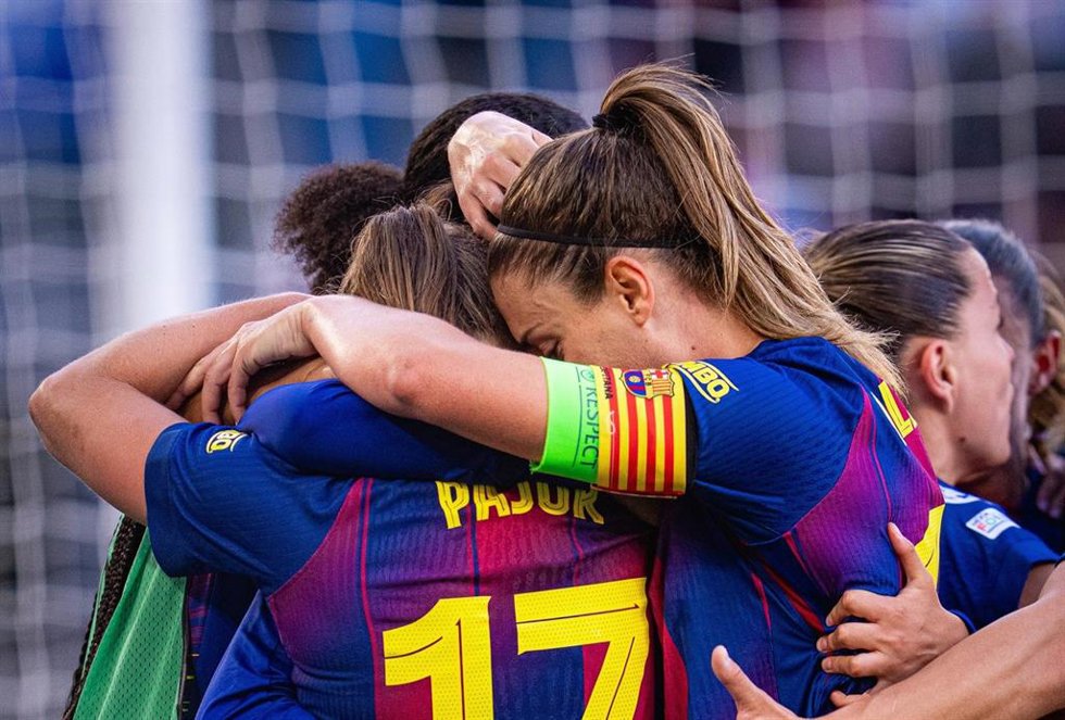 Las jugadoras del Barça Femení celebran uo de sus goles en la final de la Liga de Campeones Femenina 2026 contra el OL Lyonnes en Oslo (Noruega)