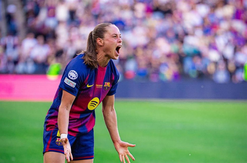 La jugadora del Barça Femení Ewa Pajor celebra uno de sus goles en la final de la Liga de Campeones Femenina de Oslo, ante el OL Lyonnes