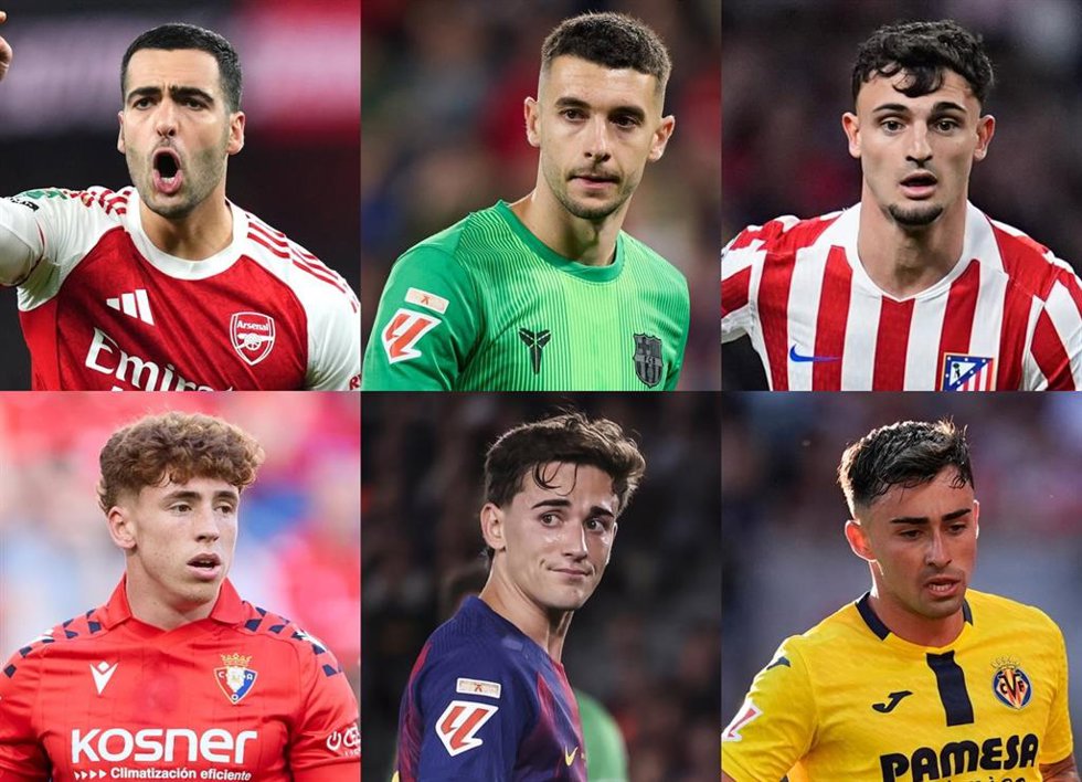 De arriba abajo y de izquierda a derecha: Mikel Merino, Joan Garcia, Marc Pubill, Víctor Muñoz, Gavi y Alberto Moleiro