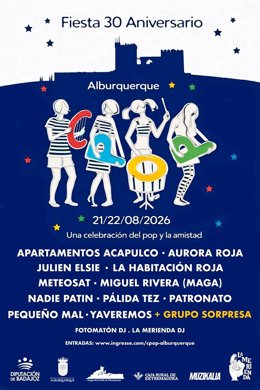 Cartel de la fiesta de celebración del 30 aniversario del Festival Contempopránea que se celebra en Alburquerque los días 21 y 22 de agosto de 2026.