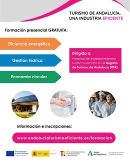 Cartel con el anuncio de los cursos que organiza y ofrece la Junta de Andalucía en materia de turismo sostenible.