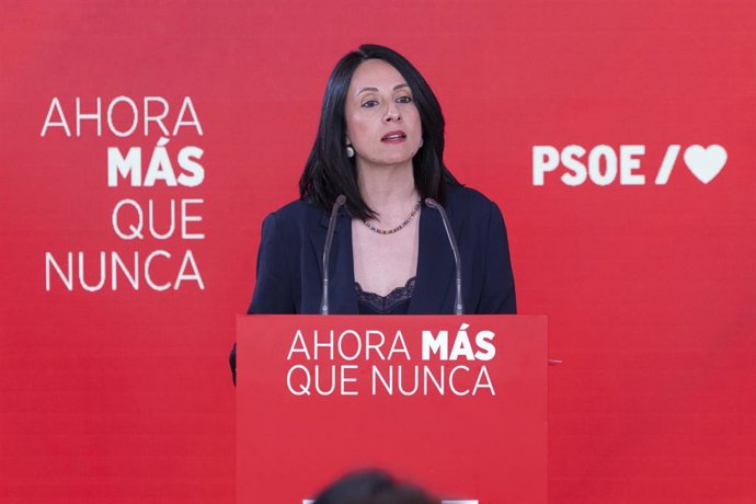 La secretaria de Organización del PSOE, Rebeca Torró, en una declaración desde Ferraz para valorar los resultados electorales en Andalucía el 17M.