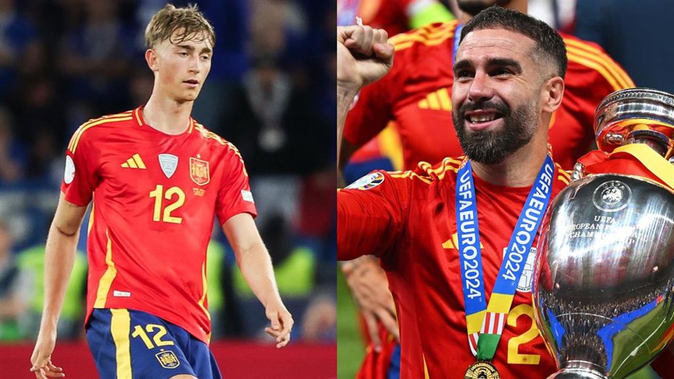 Los jugadores de la selección española y del Real Madrid Dean Huijsen y Dani Carvajal.
