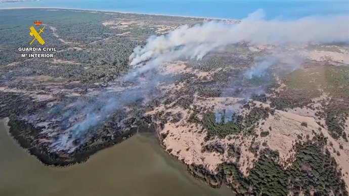 Vista aérea del incendio en el paraje Corral de Félix, en Almonte (Huelva).