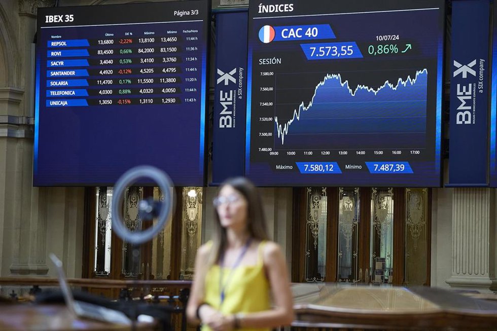 Archivo - Paneles del IBEX 35 en el Palacio de la Bolsa de Madrid, a 11 de julio de 2024, en Madrid (España). 