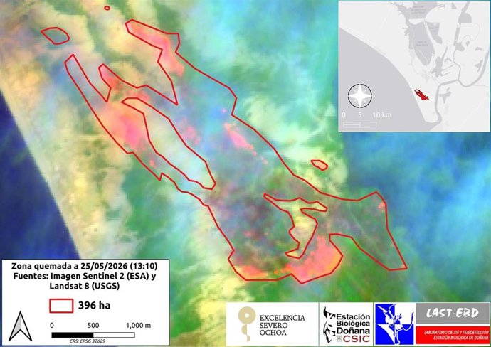 Imagen publicada por la Estación Biológica de Doñana sobre la zona quemada, según la imagen de Sentinel-2 este pasado lunes.