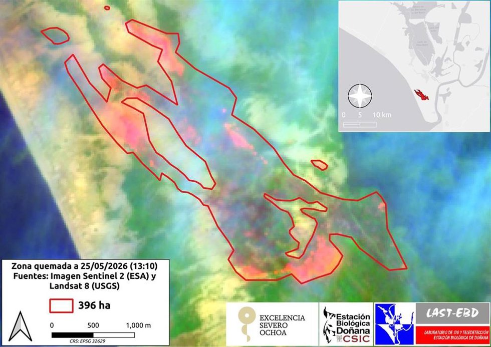 Imagen publicada por la Estación Biológica de Doñana sobre la zona quemada, según la imagen de Sentinel-2 este pasado lunes.