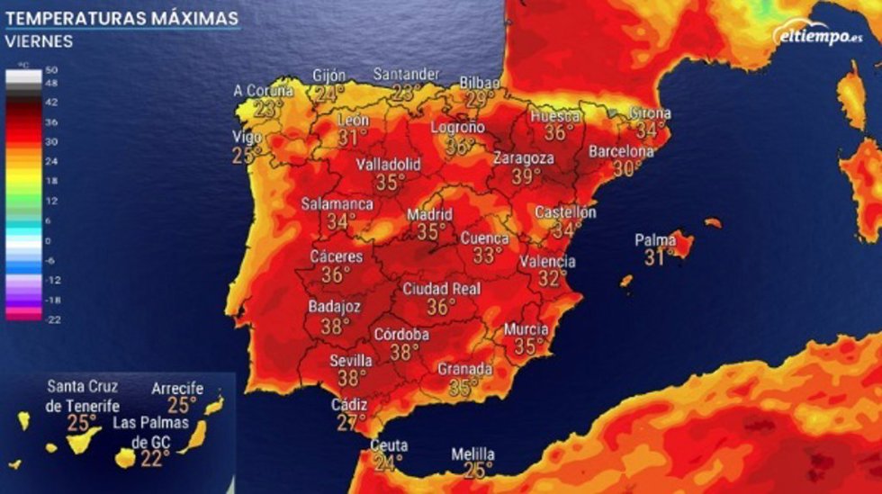 El calor seguirá toda la semana, con hasta 39ºC en Badajoz y noches de más de 20ºC en interior y sur, según Eltiempo.Es.