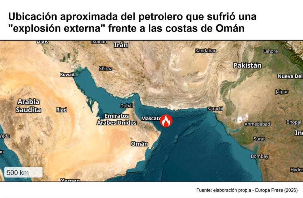 Archivo - Ubicación aproximada del petrolero que sufrió una "explosión externa" frente a las costas de Omán