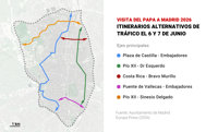 Cortes de tráfico por la visita del Papa a Madrid 2026: itinerarios alternativos a las calles cortadas el 6 y 7 de junio