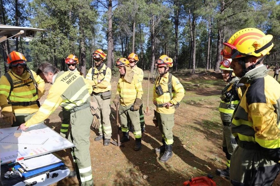 Bomberos forestales del Infoex sobre el terreno.
