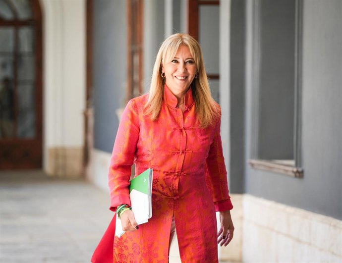 La consejera en funciones de Economía, Hacienda, Fondos Europeos y Diálogo Social de la Junta de Andalucía y portavoz del Gobierno, Carolina España, a su llegada a la rueda de prensa. A 19 de mayo de 2026 en Sevilla (Andalucía, España). 