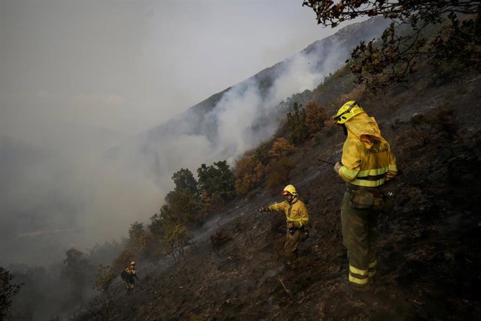 Archivo - Varios bomberos forestales tratan de extinguir el fuego, a 19 de agosto de 2025, en Palacios de Compludo, León, Castilla y León (España). El incendio que se originó en Yeres y que afectó a Las Médulas sigue con Índice de Gravedad Potencial 2 (IG