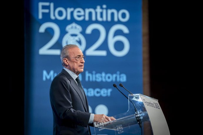 Florentino Perez attends during his presentation of his candidacy for the presidency of Real Madrid at the Melia Castilla Hotel on May 27, 2026, in Madrid, Spain.