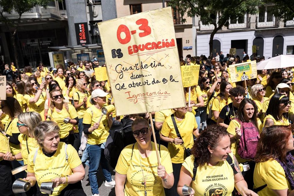 Decenas de personas durante una concentración de docentes de escuelas infantiles frente a la Consejería de Educación, Ciencia y Universidades, a 6 de mayo de 2026, en Madrid (España).