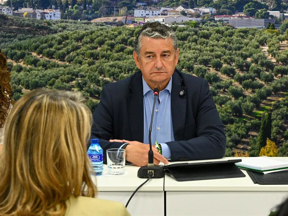 El consejero en funciones de Sanidad, Presidencia y Emergencias de la Junta de Andalucía, Antonio Sanz, mantiene una reunión de trabajo con las enfermeras referentes escolares del Distrito Jaén. A 28 de mayo de 2026 en Jaén (Andalucía, España).