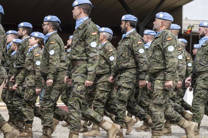 Archivo - Militares de la Brigada de Aragón I a su llegada a la Base ‘San Jorge’, a 26 de abril de 2024, en Zaragoza, Aragón (España). 