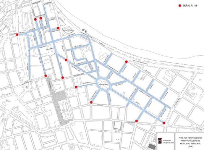 Mapa de calles donde el Ayuntamiento de Gijón prohíbe el uso del patinete eléctrico.
